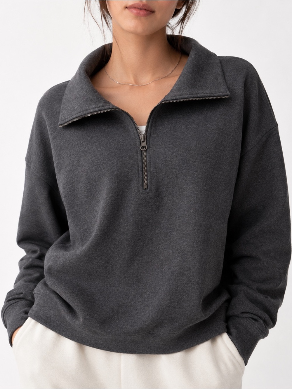 Gray Women’s Half Zip Pullover Jacket Oversized Collar Quarter Zip Medium UNIQLO